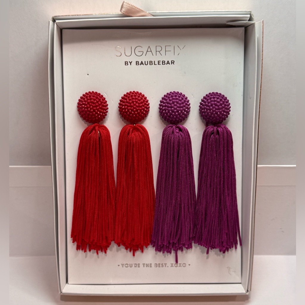 Sugarfix By Baublebar Red & Purple Beaded Tassel Statement Earrings New 2 Pair